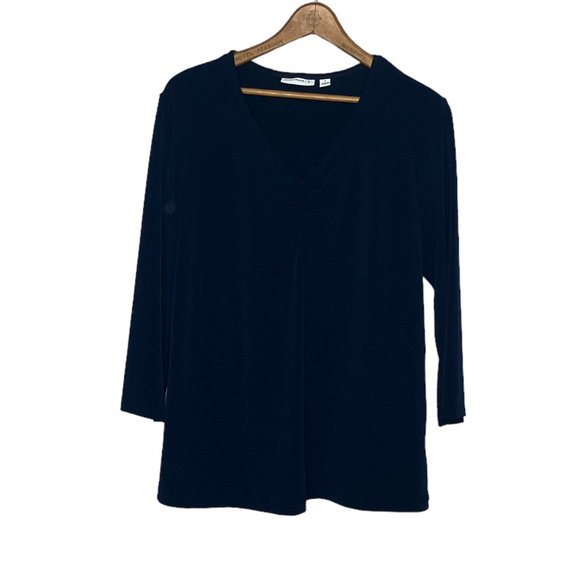 Susan Graver Small S Navy Blue Ruched V-Neck Stretch Liquid Knit‎ Top Blouse - Picture 1 of 4